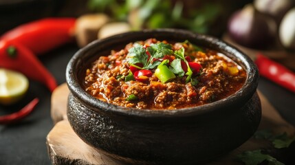Savory spicy Texas chili meat soup served in a traditional bowl