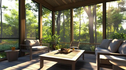 Fototapeta premium Sunlit Porch with Forest View