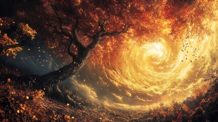 The image portrays a fantastical landscape dominated by a large, twisting tree with dark, gnarled branches extending into a swirling, vibrant vortex in the sky. The scene is bathed in warm colors, pri