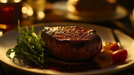 Grilled steak with fresh greens and cherry tomatoes on a table
