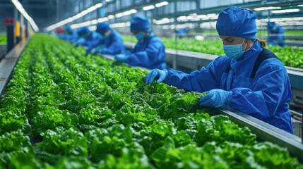 Workers in masks harvesting lettuce in modern indoor vertical farming facility
