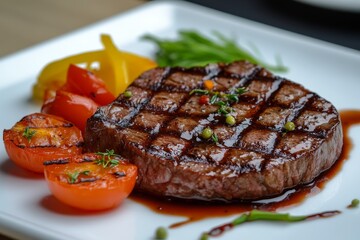 Grilled steak with vegetables served on a white plate