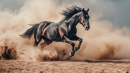 Majestic black horse galloping through desert dust with dynamic motion and energy