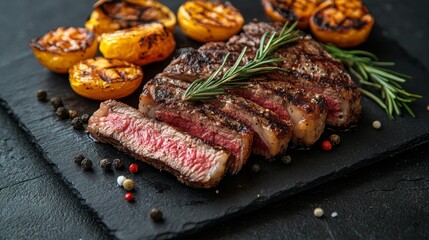 Grilled steak with charred peaches and fresh rosemary on slate platter