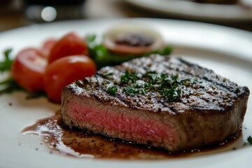 Succulent steak served with fresh tomatoes and herbs on a plate