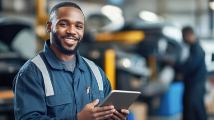 Confident male mechanic smiling in auto repair shop with tablet in hand