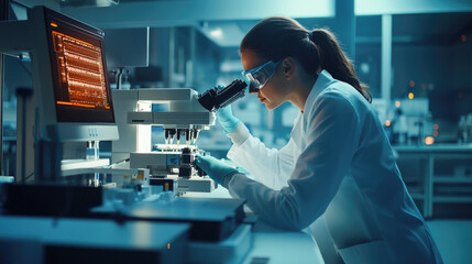 Scientist analyzing samples in modern laboratory with advanced microscopy equipment