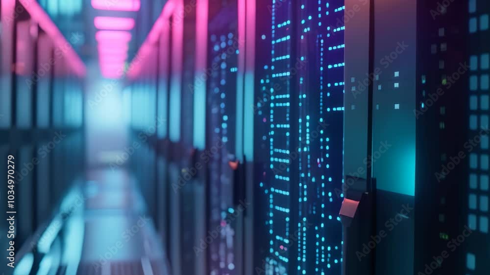 Poster a video showcasing rows of servers illuminated by blue and pink lights in a data center, mainframe s