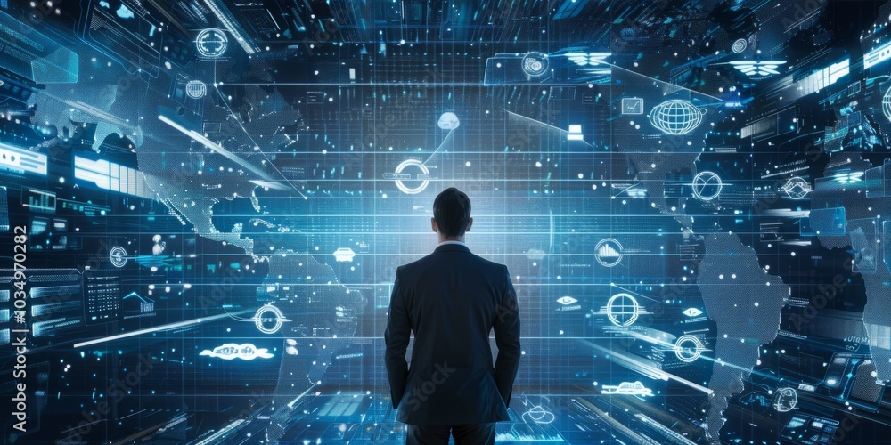 Poster an image of a businessman accessing remote telecommunication services through a digital network inte