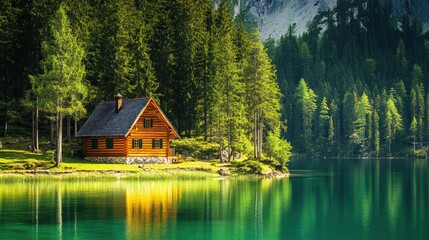 Tranquil Cabin by Serene Lake in Lush Forest