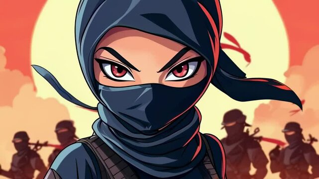 Cartoon Ninja Girl Against Shadow Army