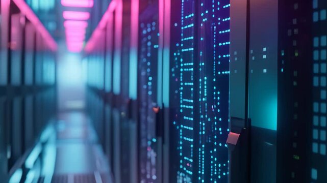 A Video showcasing rows of servers illuminated by blue and pink lights in a data center, Mainframe servers with binary code matrix in the backdrop