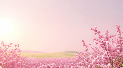 Obraz premium Pink Flowers Bloom in Field with Sunset Sky