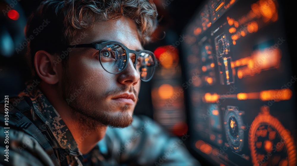 Aufkleber A young programmer with glasses studies various digital displays, illuminated by bright graphics, during a late-night coding session in a modern setting.