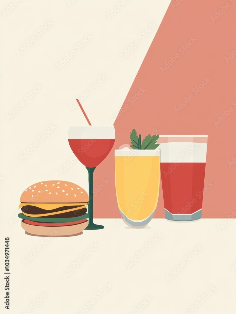 Poster this setting showcases a tempting burger alongside vibrant drinks, perfect for a relaxed meal or gat