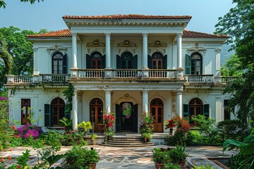 Obraz premium A grand white mansion with a red tile roof and lush greenery.