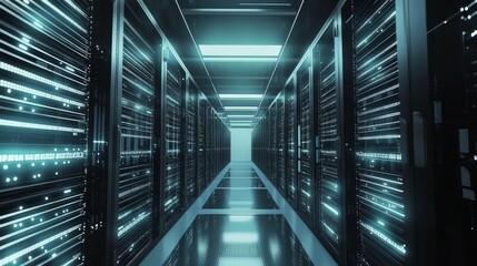 A bustling data center filled with rows of servers and blinking lights, High-tech style, photo of