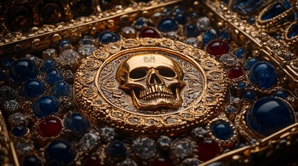 A close-up view of an ornate, golden box featuring a skull at its center, surrounded by colorful gemstones.