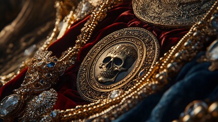 A detailed close-up of ornate decorations featuring a skull medallion, intertwined with rich fabrics and glittering jewels.