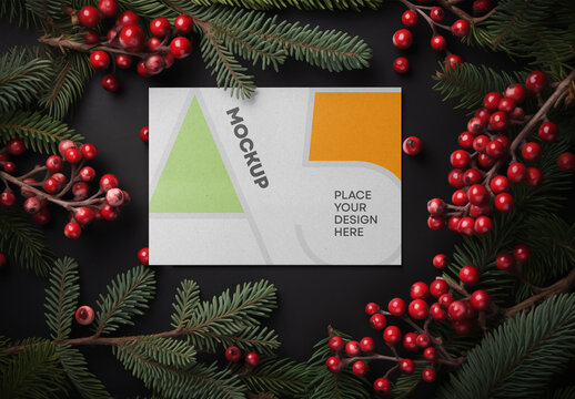 Christmas A5 Card Mockup &ndash; Festive Holiday Greeting Card Scene with Fir and Berries for Seasonal Invitations or Winter Stationery Showcase