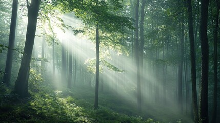 Obraz premium Mystical Forest with Sunlight Rays Through Trees