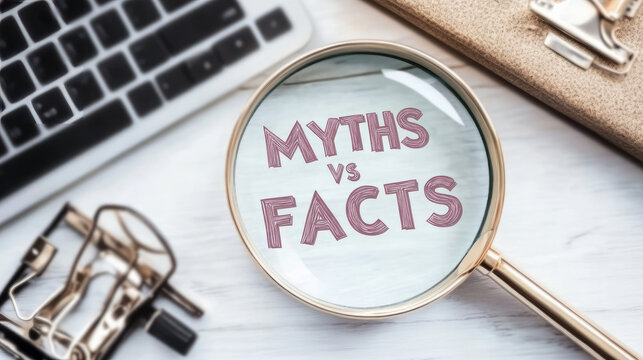 Business, financial, and fact vs myth concept. Fact vs myth symbol, Concept words through a magnifying glass