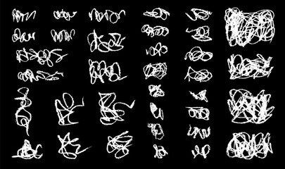 Chalk grunge strokes and curves set. Chalkboard curvy sketches. Grunge strokes, ribbons and curves collection. White chalk hatches and scribbles.