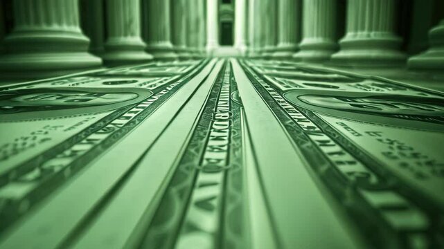 This Video shows a close-up view of a stack of money, highlighting the crispness and texture of the bills, Metaphoric representation of the US Federal Reserve printing money