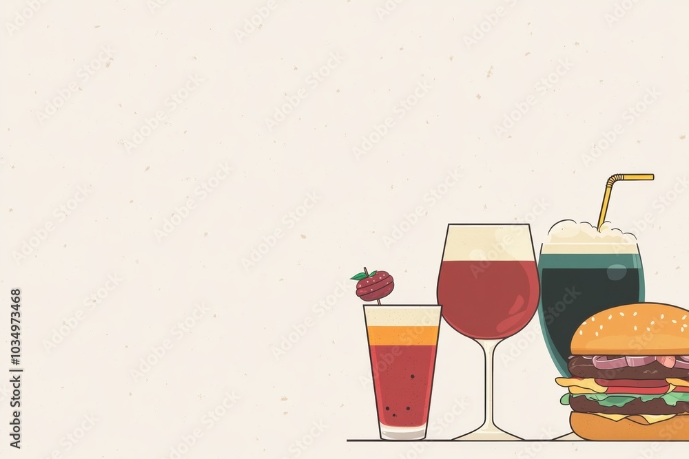 Poster A collection of colorful drinks and a delicious burger wait against a simple background, inviting you to enjoy a casual meal. Generative AI
