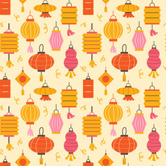 Seamless pattern with Chinese paper lanterns on a light background