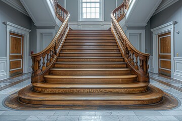 A grand staircase made of dark wood with intricate details and a  light gray hallway in the background.