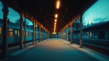 A Train Platform Underneath a Covered Canopy at Dusk