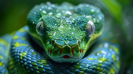 Fototapeta premium Close-up of a Green Snake with Water Drops