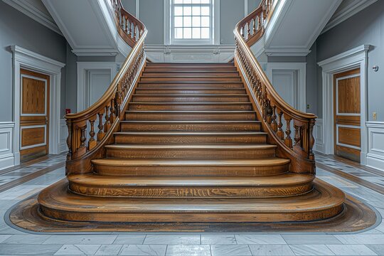 A grand staircase made of dark wood with intricate details and a  light gray hallway in the background.