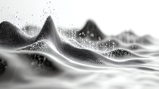3D scatter plot with data points, side view, showing complex relationships, futuristic tone, black and white