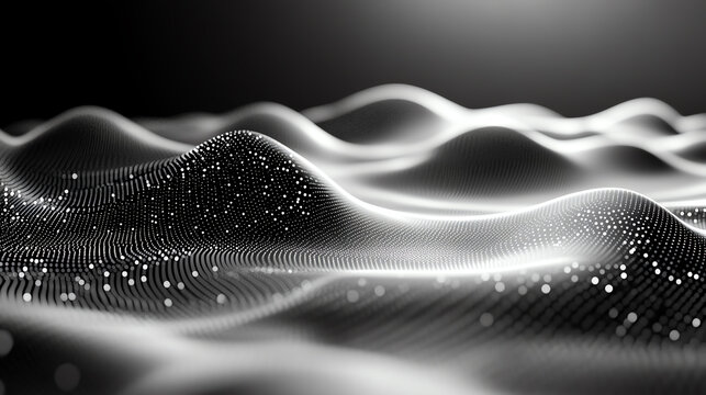 3D scatter plot with data points, side view, showing complex relationships, futuristic tone, black and white