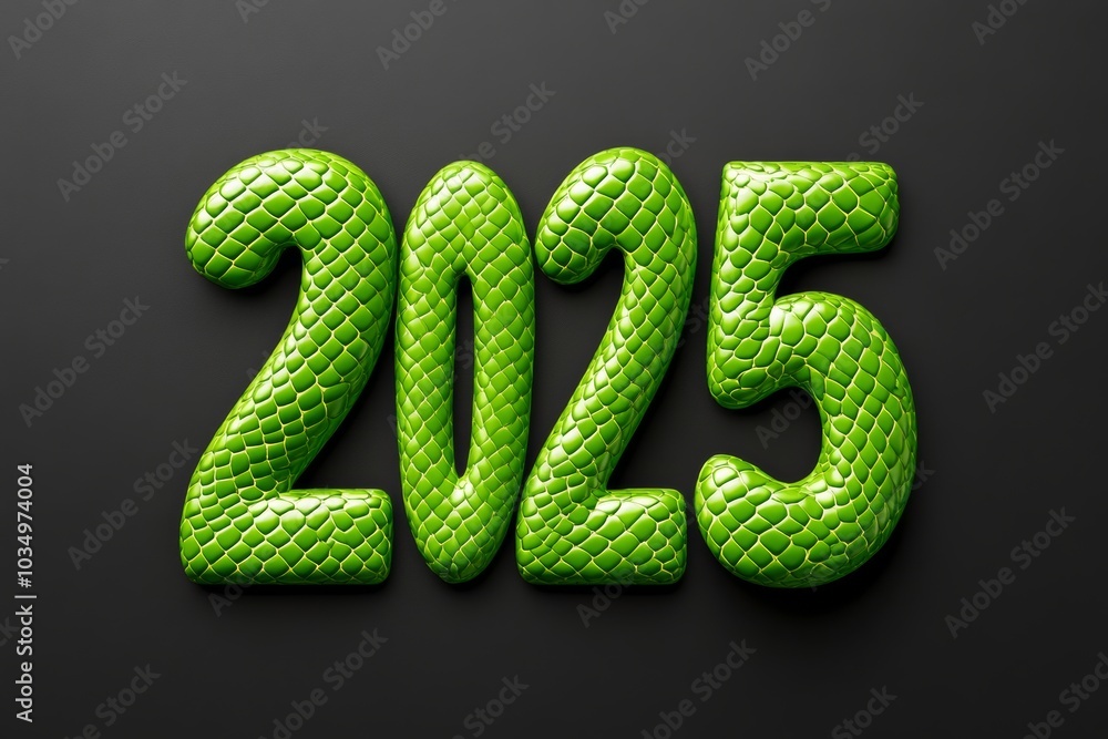 Poster green snake with the number 2025 written on it. the snake is made of green material and he is a styl