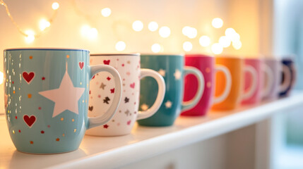 Colorful ceramic mugs on shelf with bokeh lights in cozy home setting