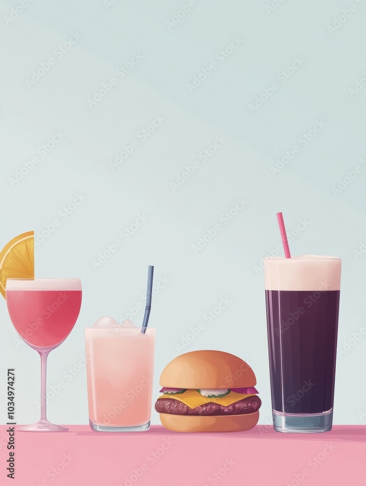 Aufkleber a vibrant selection of drinks alongside a delicious burger showcases a relaxed dining atmosphere per
