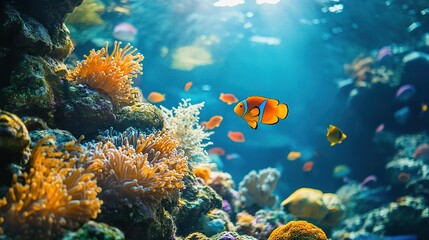 Fototapeta premium Colorful Coral Reef with Tropical Fish Underwater Scene