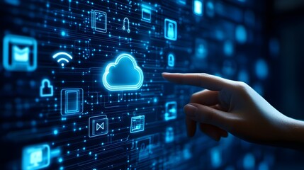 Hand touching a digital screen with icons of technology and online network connection, cloud storage, or security system on a dark blue background