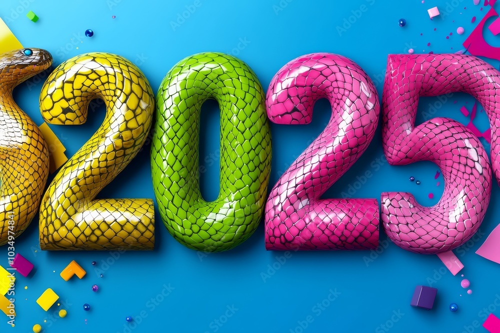 Poster colorful image of a snake with the number 2025 written on it. the snake is made of different colored