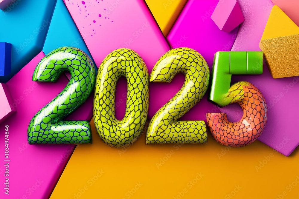 Poster colorful image of a snake with the number 2025 written on it. the snake is made of different colored