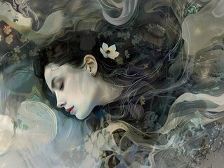 Dreamy Portrait of a Woman with Flowers in Her Hair