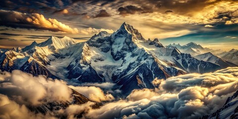 Vintage Style Photography of Snowy Mount Ushba and Schelda Against a Cloudy Winter Background in the Greater Caucasus, Russia, Capturing Majestic Alpine Landscapes and Serene Natural Beauty