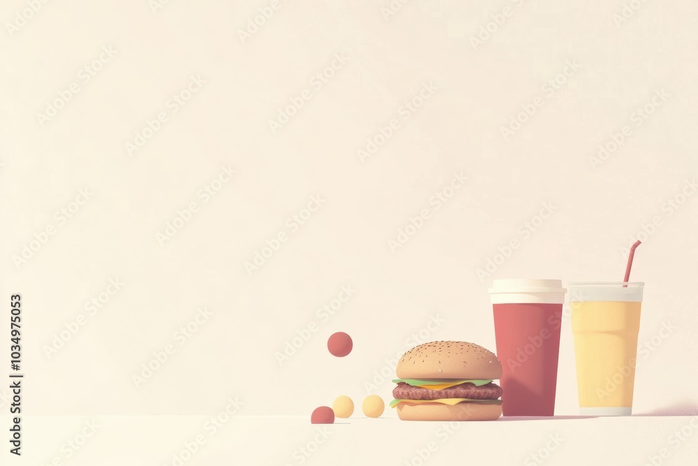 Poster A minimalist display features delicious burgers alongside refreshing drinks, perfect for casual dining enjoyment in a serene environment. Generative AI