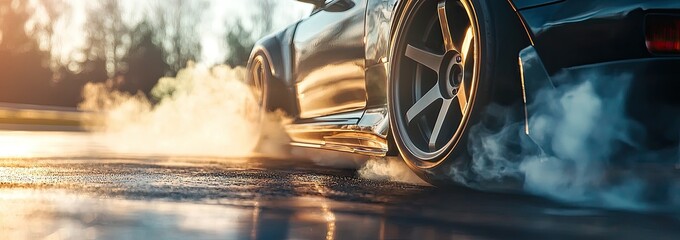 car performing drifts with smoke billowing from the wheels, motion blur, a sports car, high speed