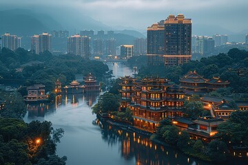 Obraz premium A serene river winds through a city with traditional architecture and modern skyscrapers.