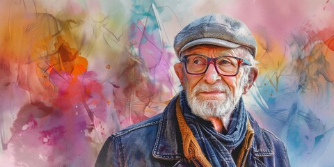 Fototapeta premium Elderly Man with Glasses and Cap Against Vibrant Abstract Background in Artistic Portrait