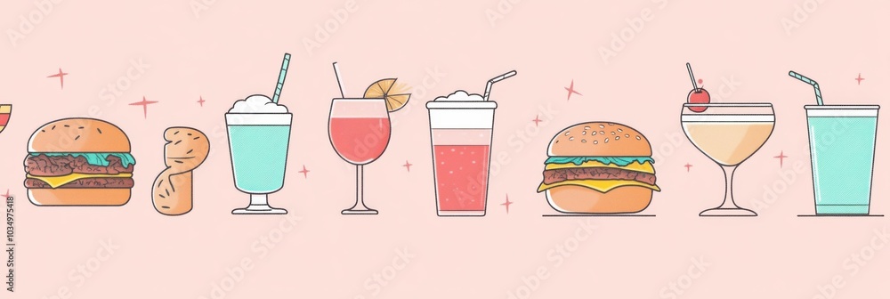 Poster colorful burgers paired with various drinks create an inviting atmosphere perfect for casual dining 